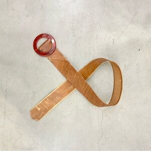 Vintage wide tan genuine leather belt with tortoiseshell buckle